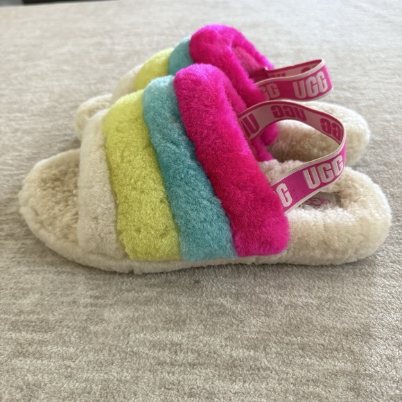 UGG Fluff Yeah Slide Stripe Neon Multi Rainbow Plush Slippers Womens US 6 - Picture 3 of 7